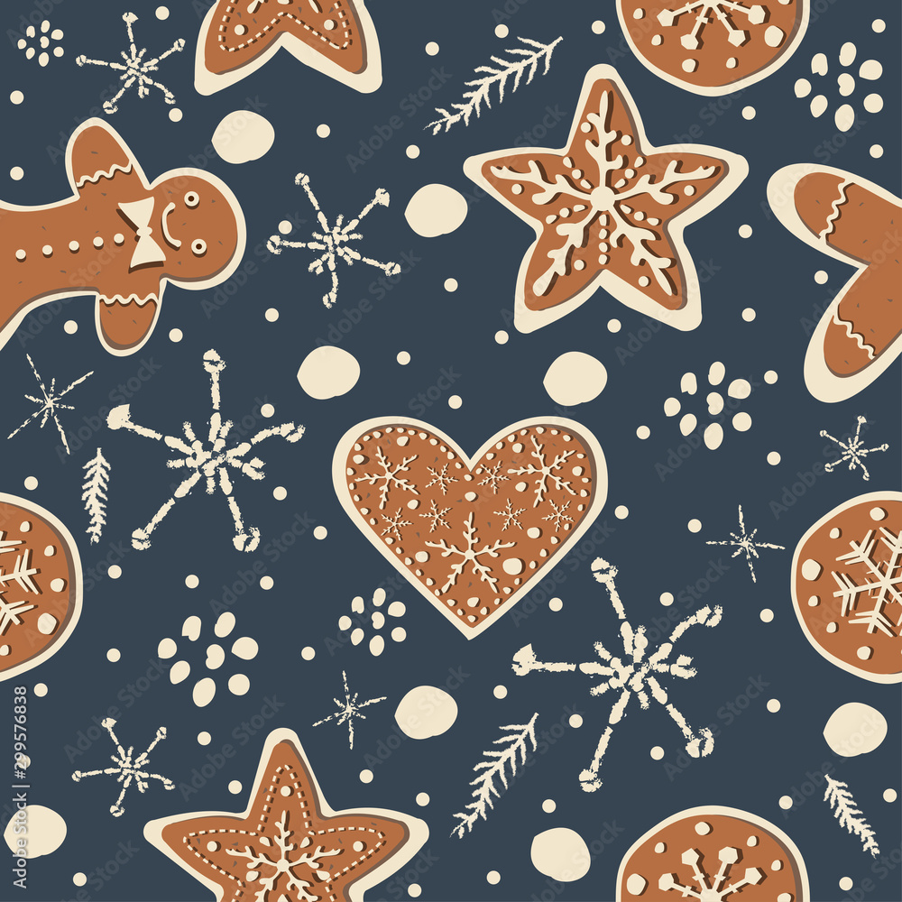 Seamless Winter Pattern with hand drawn gingerbread cookies and funny winter doodles Seamless Winter Pattern with hand drawn gingerbread cookies and funny winter doodles