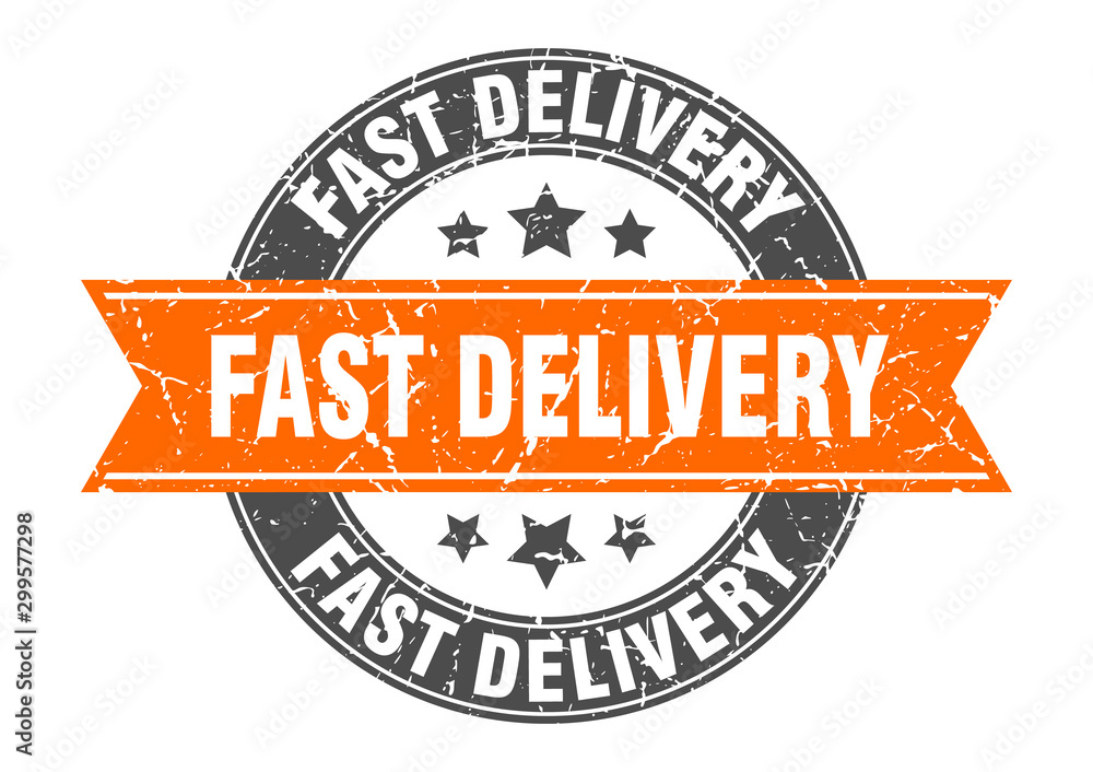 Fototapeta premium fast delivery round stamp with orange ribbon. fast delivery