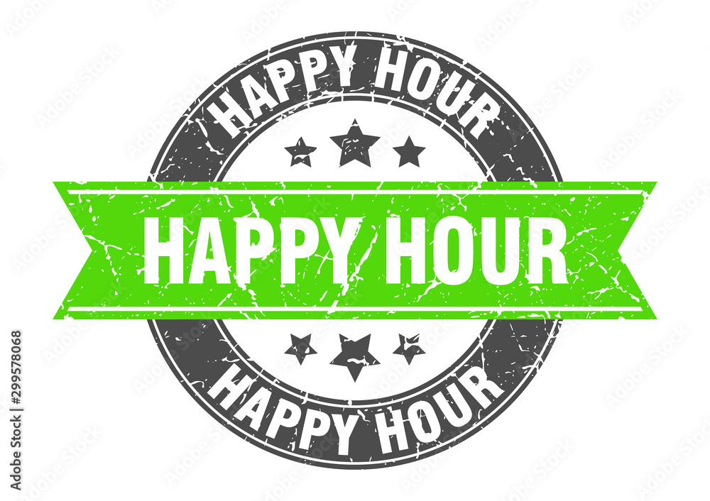 Obraz premium happy hour round stamp with green ribbon. happy hour