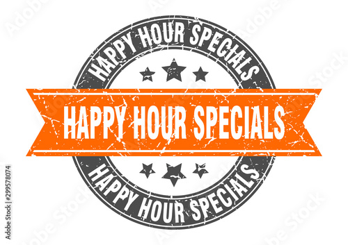 happy hour specials round stamp with orange ribbon. happy hour specials