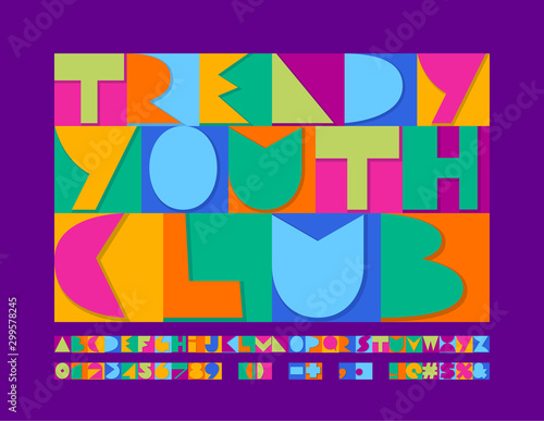 Vector colorful logo Trendy Youth Club. Abstract Uppercase Font. Art Alphabet Letters, Numbers and Symbols