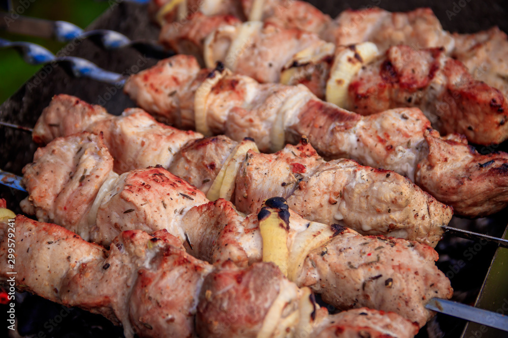 Meat skewers with onions on skewers. Charcoal meat.
