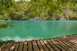 Wooden path along the lake under green trees in the Plitvice Lakes park
