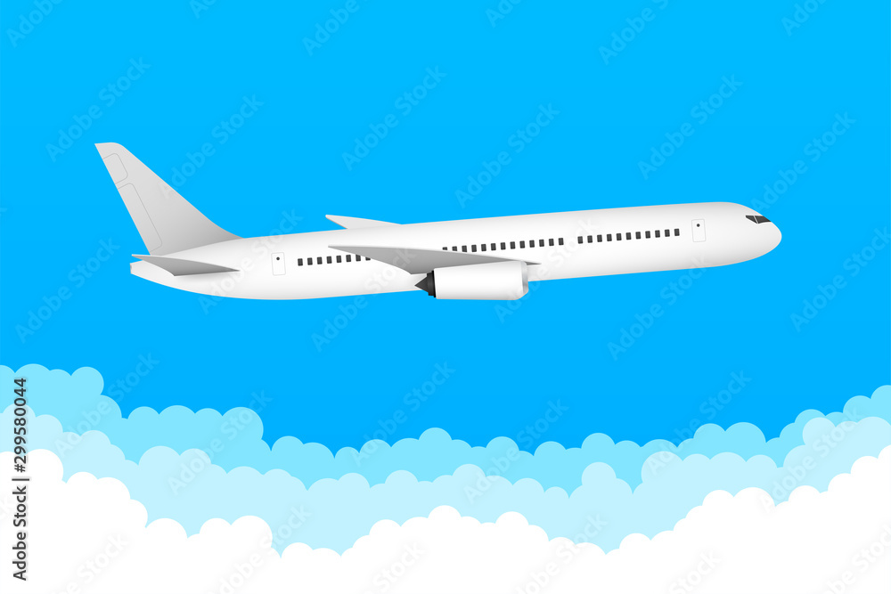 Flat airplane illustration, view of a flying aircraft. Vector stock illustration.