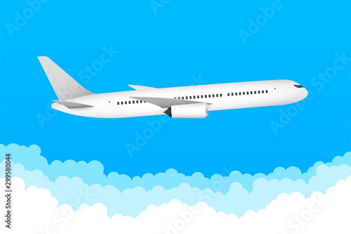 Flat airplane illustration, view of a flying aircraft. Vector stock illustration.