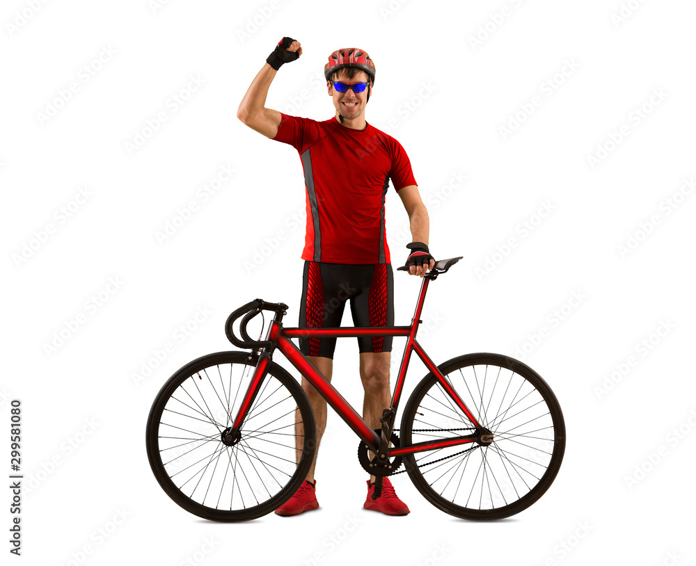 Cyclist man cycling riding bicycle standing smiling isolated Cyclist man cycling riding bicycle standing smiling isolated