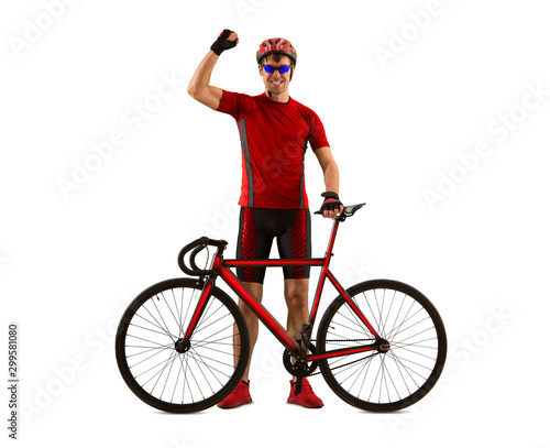 Cyclist man cycling riding bicycle standing smiling isolated