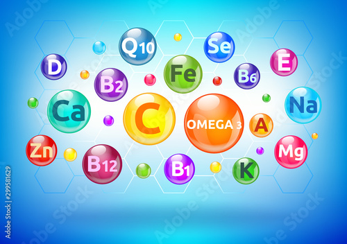 Vitamin and mineral complex, colorful bubbles, balls with letters