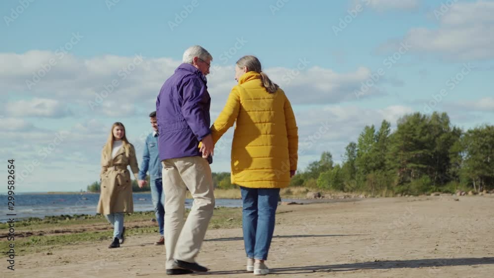 Back view follow shot of loving senior couple walking on sea shore holding hands and embracing, romantic young lovers passing by them Back view follow shot of loving senior couple walking on sea shore holding hands and embracing, romantic young lovers passing by them