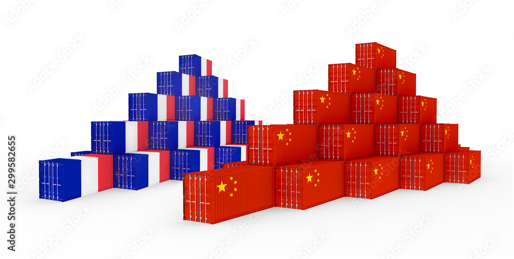Fototapeta premium 3D Illustration of the group Cargo Containers with France and China Flag on white background. Delivery, transportation, shipping freight transportation.