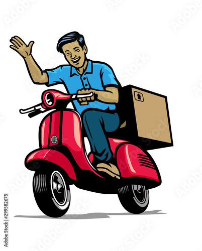delivery courier service worker smiling while riding vintage scooter