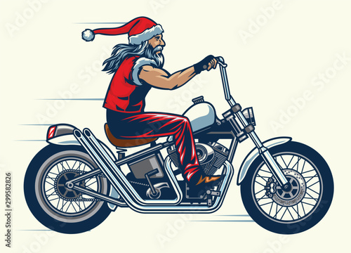 motorcycle rider ride the chopper bike and dressed in santa claus costume