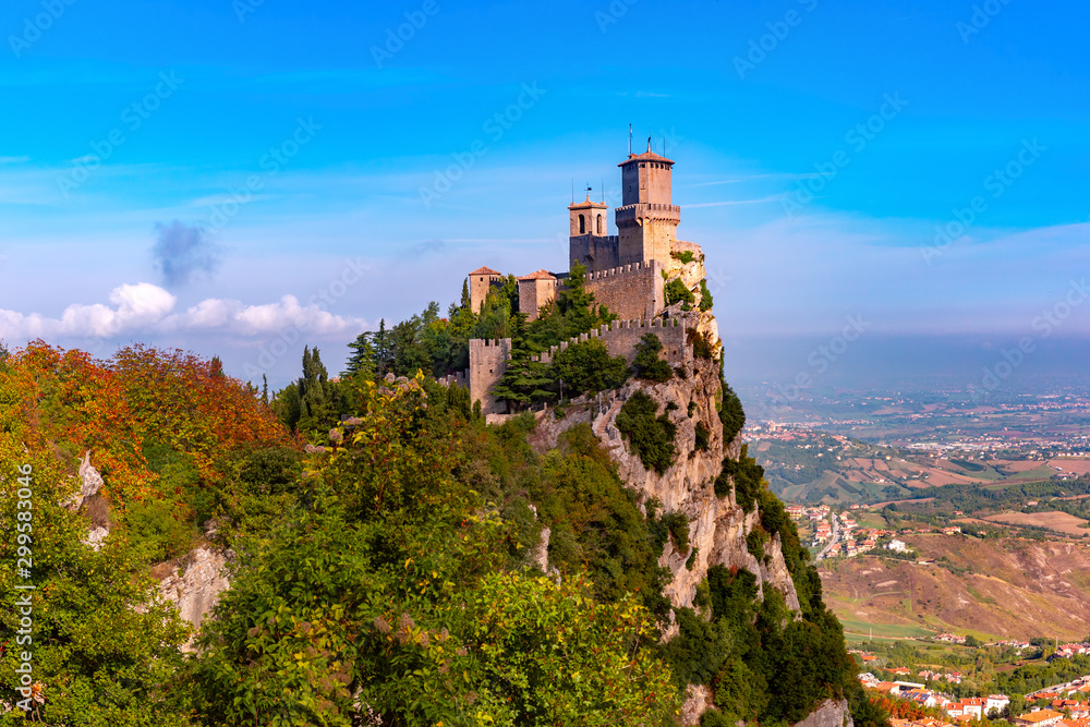 First tower Guaita fortress in the city of San Marino of the Republic of San Marino in sunny day