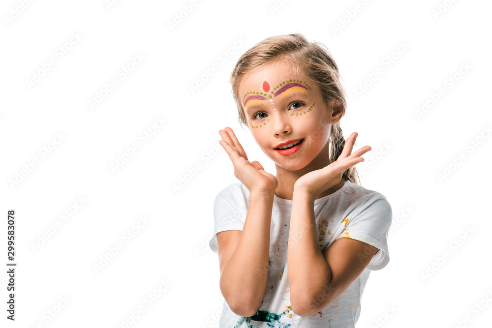 cheerful kid with face painting smiling isolated on white cheerful kid with face painting smiling isolated on white