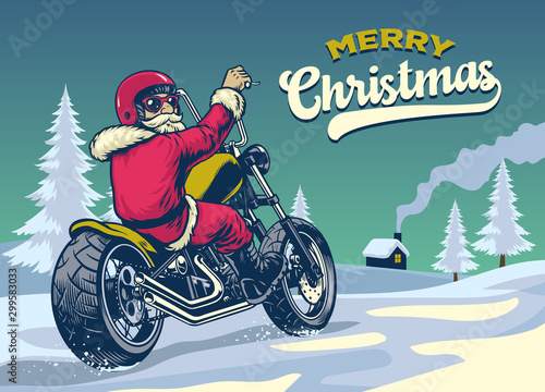 vintage style hand drawn of santa claus ridinh chopper motorcycle