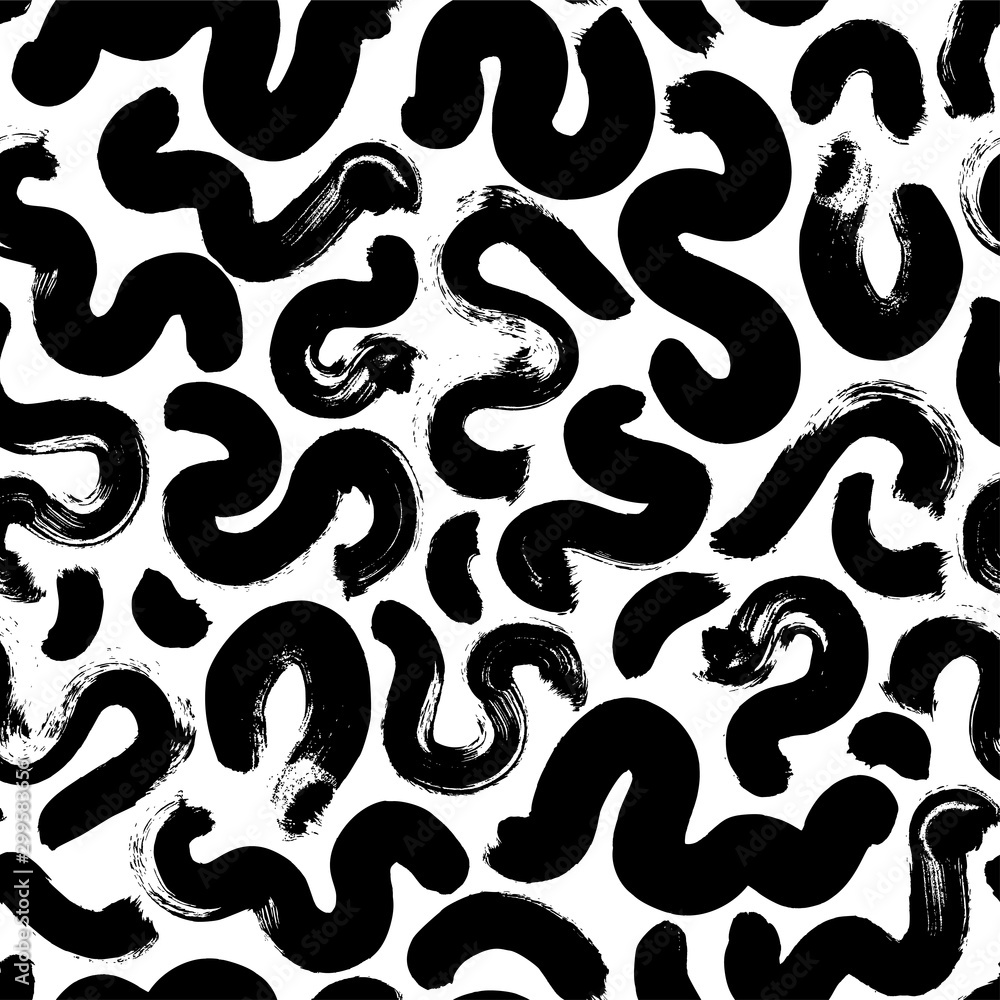 Black paint smears and brush strokes vector seamless pattern. Chaotic ink smudges decorative texture.