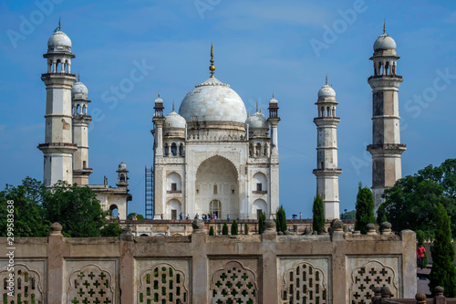 Aurangabad, India - October 29 2019: The Bibi Ka Maqbara at Aurangabad India. It was commissioned in 1660 by the Mughal emperor Aurangzeb in the memory of his first and chief wife Dilras Banu Begum. photo
