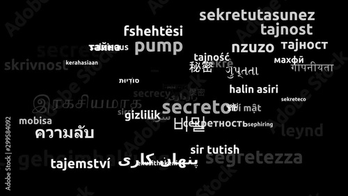 Secrecy Translated in 55 Worldwide Languages Endless Looping 3d Zooming Wordcloud Mask