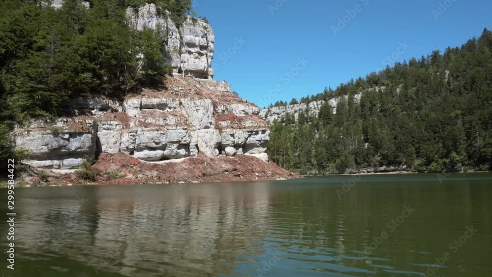 Static shot showing beautiful nature landscape on river with green tree forest and blue sky without cloud Static shot showing beautiful nature landscape on river with green tree forest and blue sky without cloud