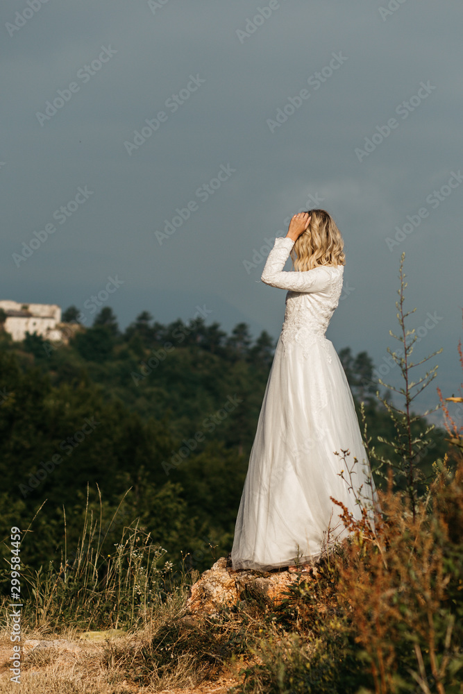 Beautiful elegant bride in lace wedding dress with long full skirt and long sleeves. Pretty girl in white. Nature, with city in the background.