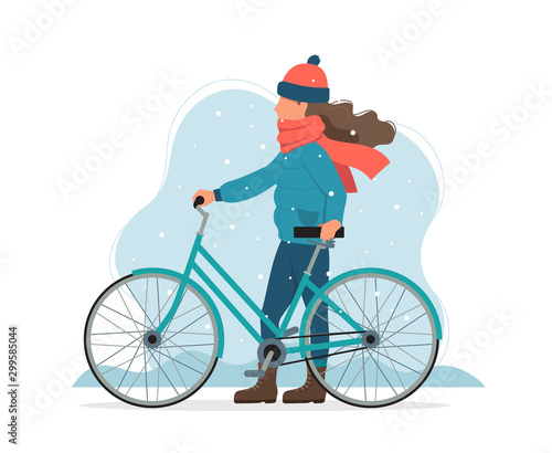 Girl with bike in the park in winter. Cute vector illustration in flat style.