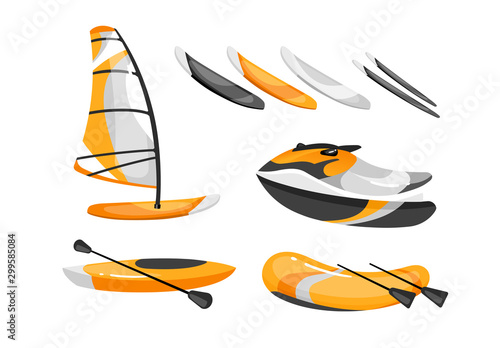 Boats flat vector illustrations set. Extreme water sport activities. Windsurfing, canoeing, kayaking, skiing equipment. Speedboat with paddles. Active lifestyle isolated cartoon clipart