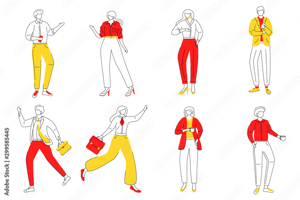 Naklejka Office workers flat contour vector illustration set. Business people isolated cartoon outline characters on white background. Employees with cups and briefcases. Staff simple drawings