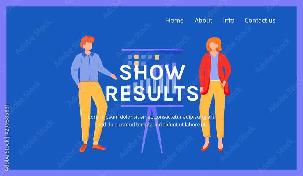 Corporate presentation landing page vector template. Show results. Company website interface idea with flat illustrations. Organization homepage layout. Business blue webpage cartoon concept