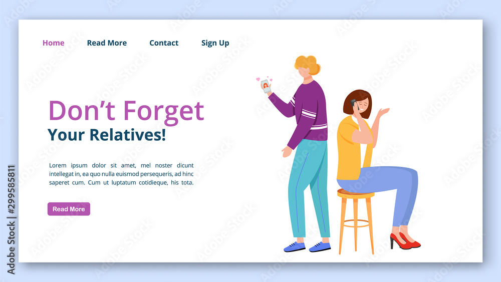 Don’t forget your relatives landing page vector template. Trouble relationship website interface idea with flat illustrations. Communication with loved ones homepage layout, webpage cartoon concept
