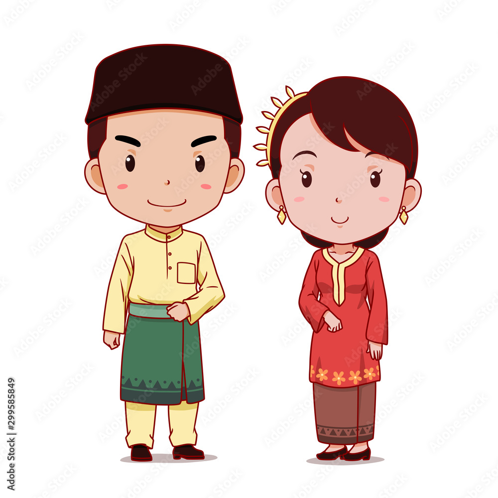 Couple of cartoon characters in Malaysian traditional costume. Stock Vector  | Adobe Stock