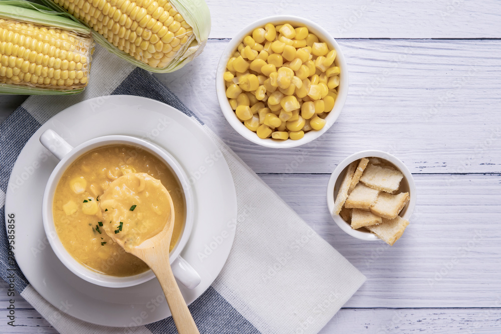 Corn soup in bowl. Corn soup in white bowl Corn soup in bowl. Corn soup in white bowl