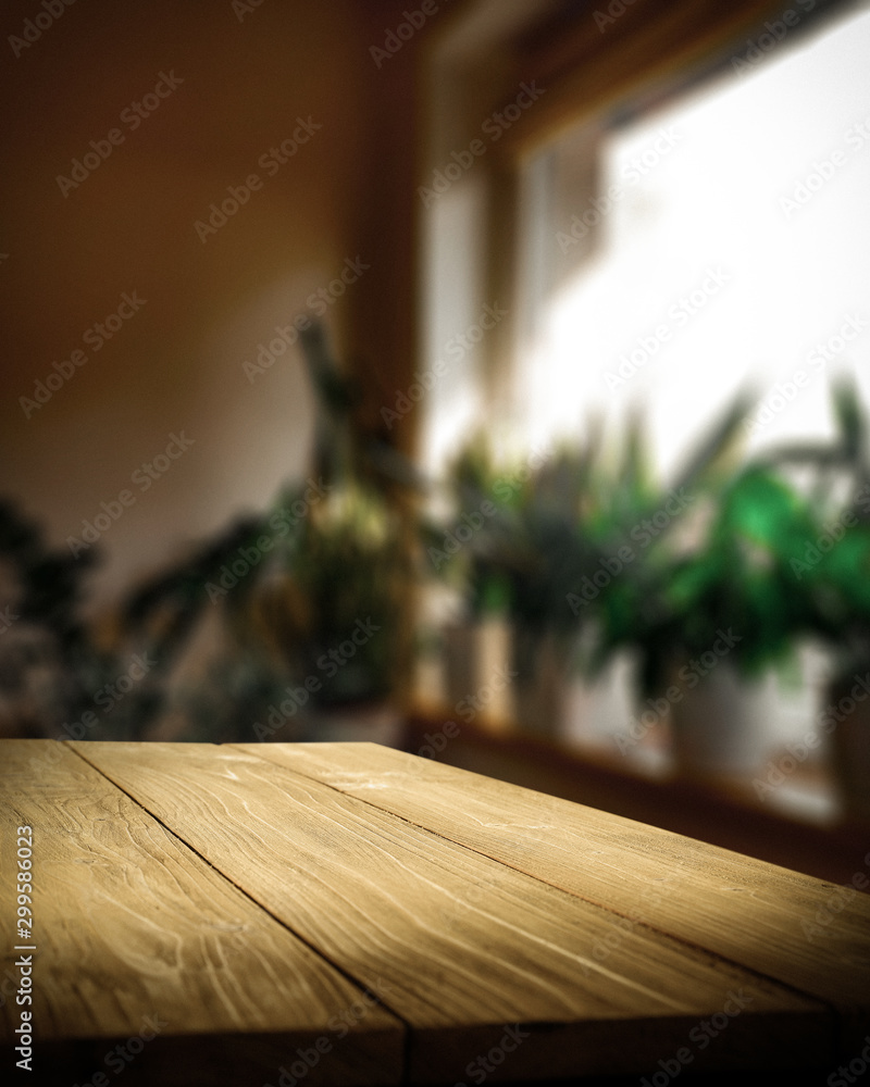 Table background of free space and home interior  - obrazy, fototapety, plakaty 