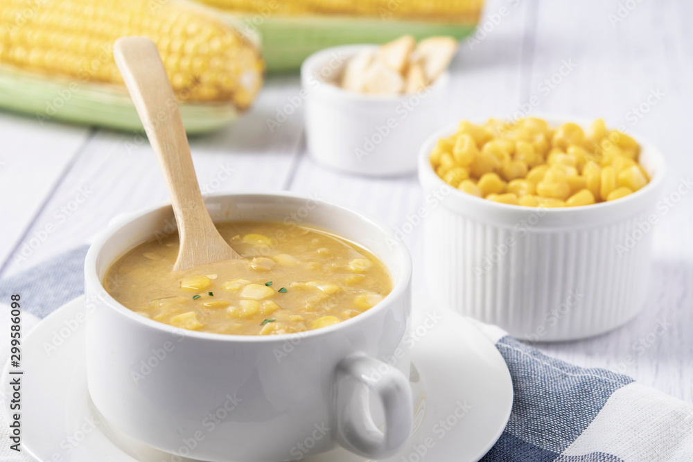 Corn soup in bowl. Corn soup in white bowl Corn soup in bowl. Corn soup in white bowl