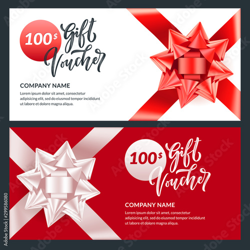 Gift card, voucher, certificate for Christmas, New Year, Birthday. Realistic 3d illustration of present with bow ribbon