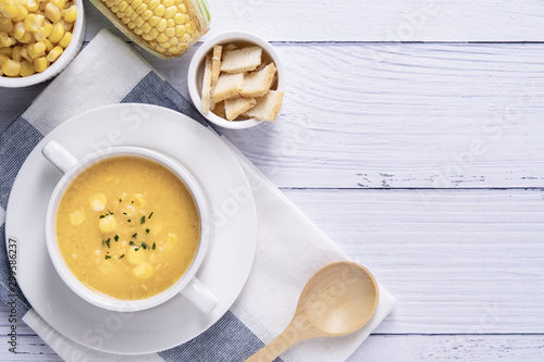 Corn soup in bowl. Corn soup in white bowl