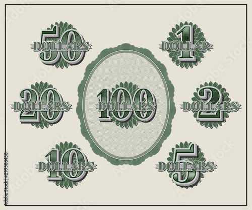 A set of samples of face values from 1 to 100 dollars and an oval with a guilloche pattern