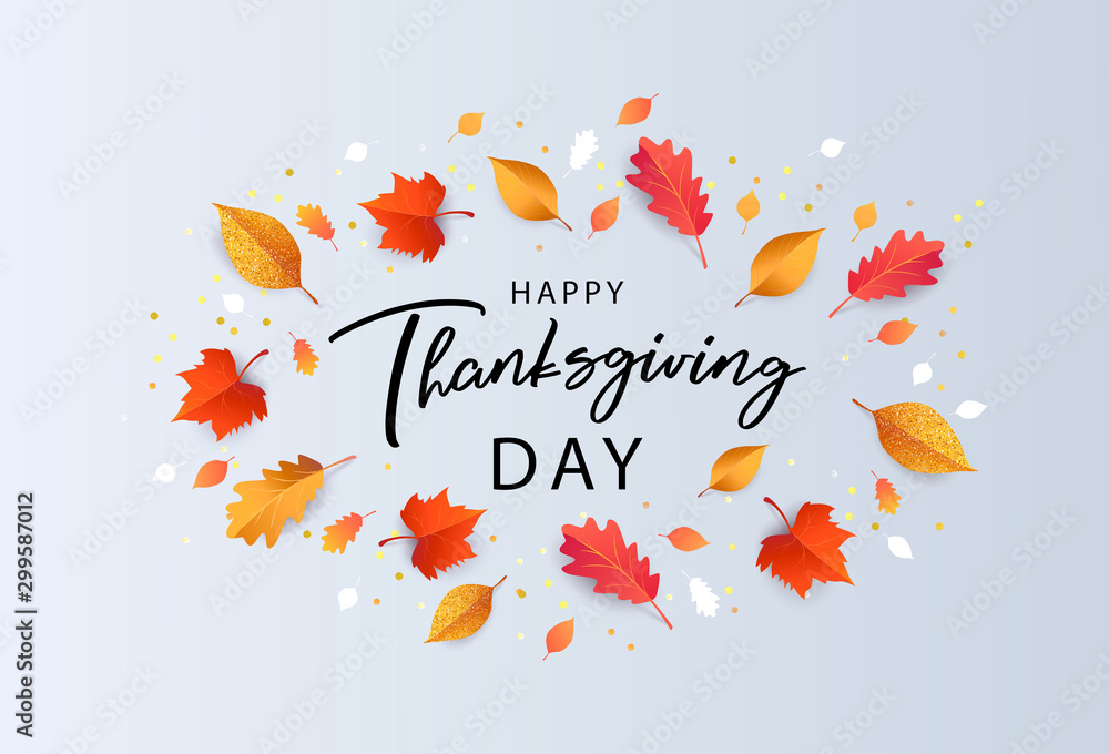Thanksgiving greeting banner, card or poster design in modern style with lettering, maple, oak and other autumn leaves on light background. Autumn background for advertising, social and fashion ads.