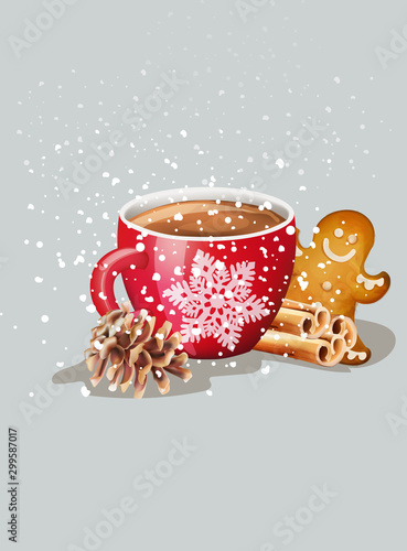 Red cup with hot chocolate and christmas ornaments. Cinnamon sticks, gingerbread cookies, conifer cone. Snow falling. Holiday vector
