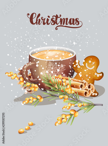 Cup with cappuccino and christmas ornaments. Cinnamon sticks, gingerbread coo...