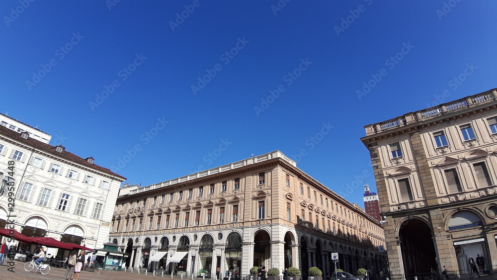 Torino, Italy - 10/24/2019:  An amazing caption of Turin city in a beautifull sunny day. Detailed photography of the old buildings in the center of the city from the kingdom period in Italy.