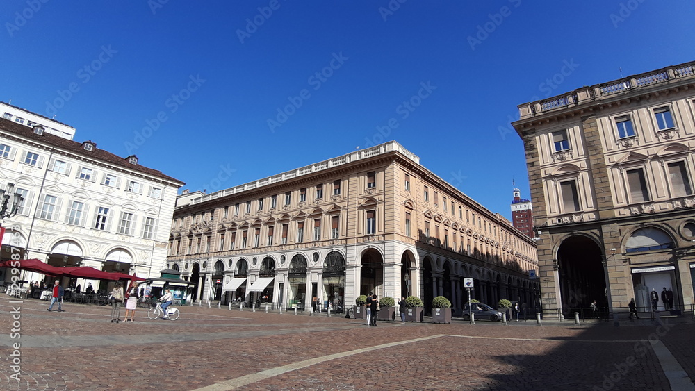 Torino, Italy - 10/24/2019:  An amazing caption of Turin city in a beautifull sunny day. Detailed photography of the old buildings in the center of the city from the kingdom period in Italy.