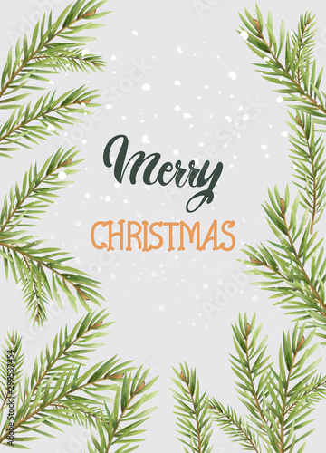 Merry christmas composition with conifer tree leaves. Snow falling from upsid...