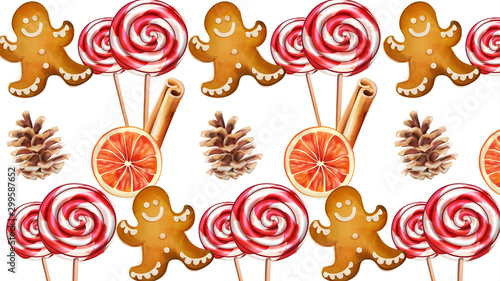 Set of christmas snacks with gingerbread cookie, lollipops, cinnamon sticks, ...