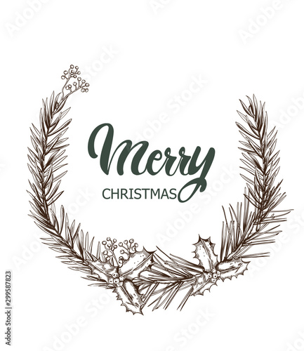 Merry christmas monochrome wreath. Sketch style berries and leaves. Holiday v...