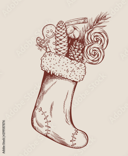 Sketch style christmas stocking filled with gingerbread cookie, conifer cone,...