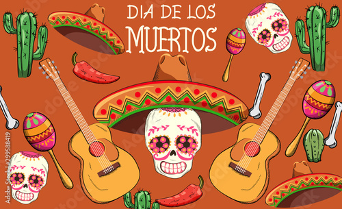 Mexican Day of the Dead party with holiday decorations. Skull with flowers and sombrero hat. Bones, guitar, cactus, hot pepper and colorful maracas. Orange background. Vector