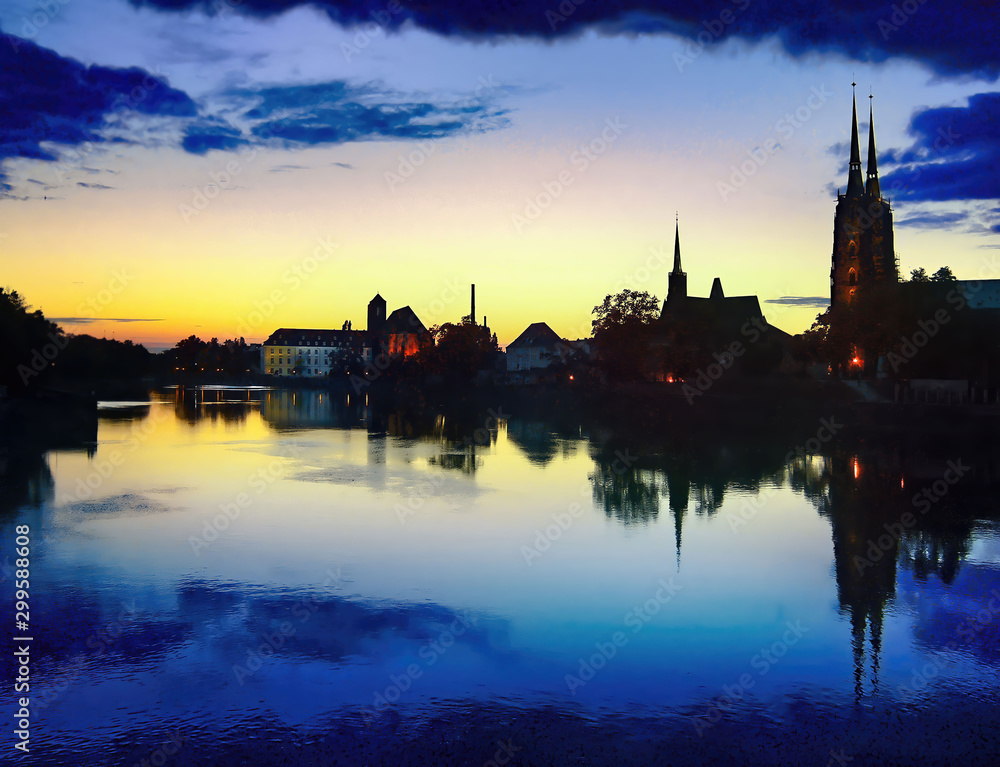 Naklejka premium Cathedral Island in the evening - Wroclaw in Poland