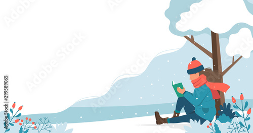Girl reading in the park in winter. Cute vector illustration in flat style.