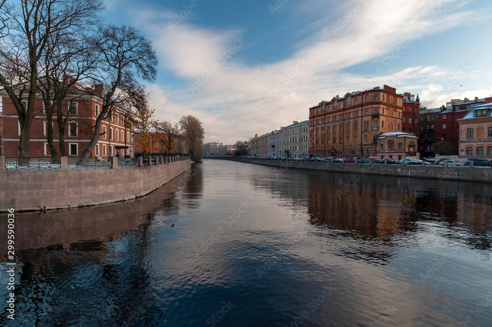 New Holland Island in the center of St. Petersburg on a cold sunny autumn evening