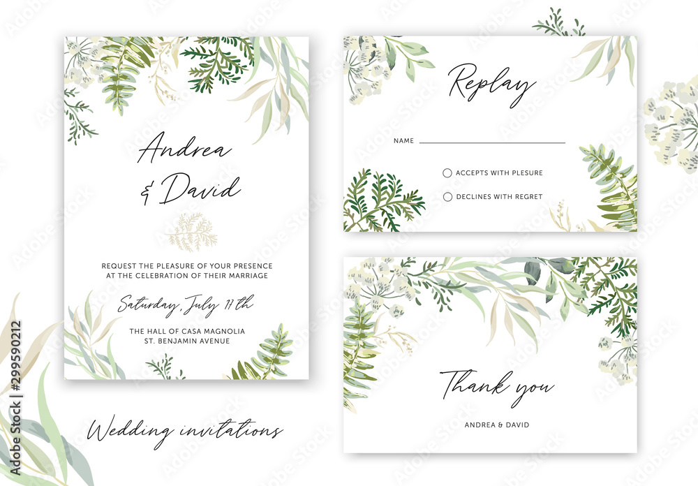Wedding cards design. Forest green leaves, fern, white background. Vector illustration. Floral arrangements. Invitation template. Summer greenery - obrazy, fototapety, plakaty 